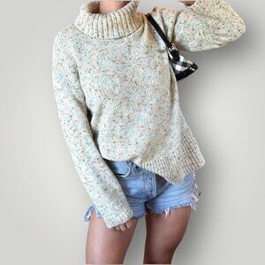 J Jill Speckled Turtleneck Sweater Chunky Knit Oversized Pullover Cottagecore M